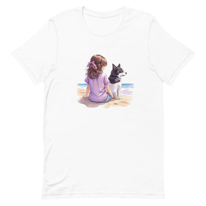 A detailed kawaii illustration a print of Lively cute puppy girl Beach Human back sit Back view ,white background, fantasy, vintage short sleeve crew neck t-shirt design, dark read and Dark Purples and pink colors, on a white background, in kawaii style, cute and quirky, fantasy art, watercolor effect, hand-drawn, digital painting 