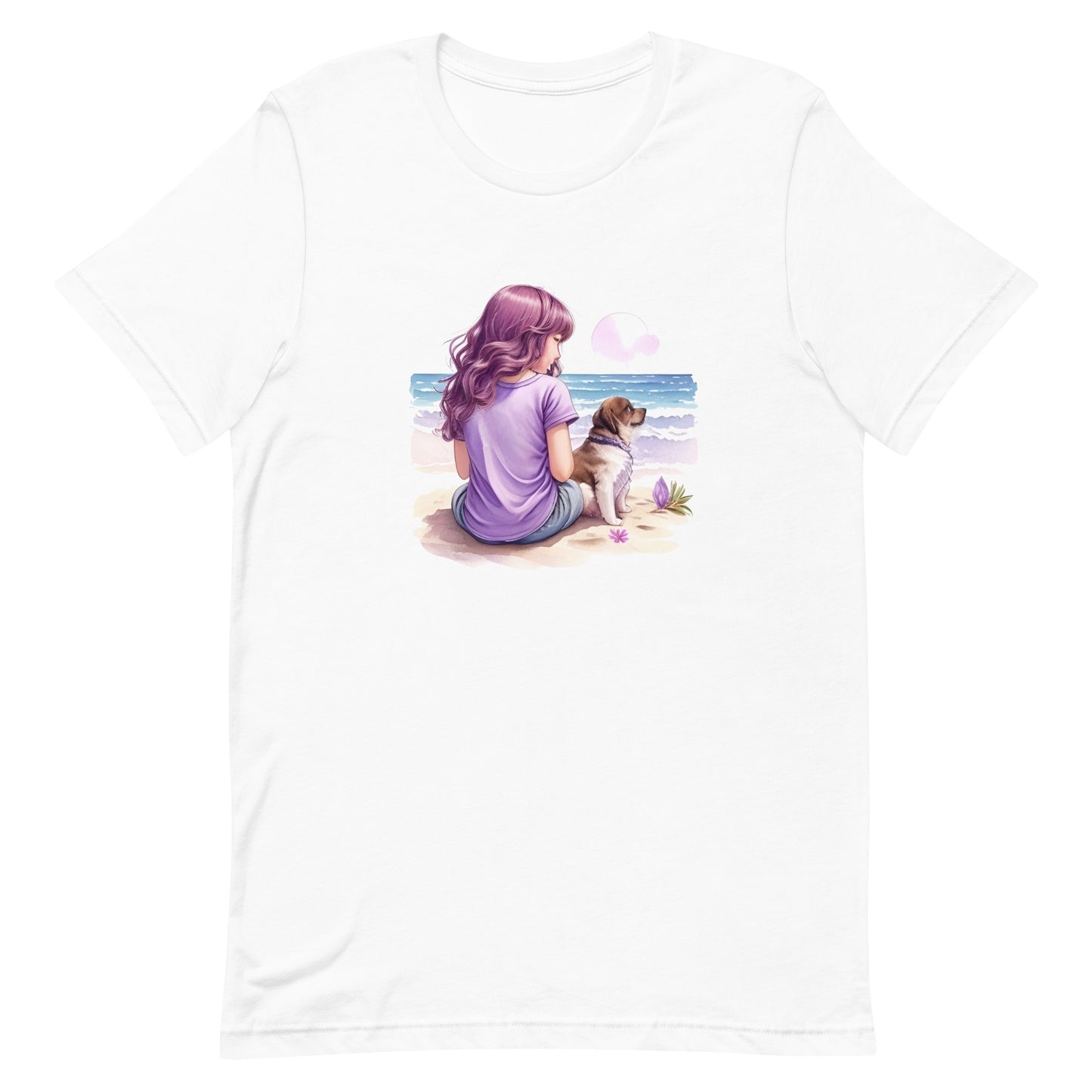 A detailed kawaii illustration a print of Lively cute puppy girl Beach Human back sit Back view ,white background, fantasy, vintage short sleeve crew neck t-shirt design, dark read and Dark Purples and pink colors, on a white background, in kawaii style, cute and quirky, fantasy art, watercolor effect, hand-drawn, digital painting 