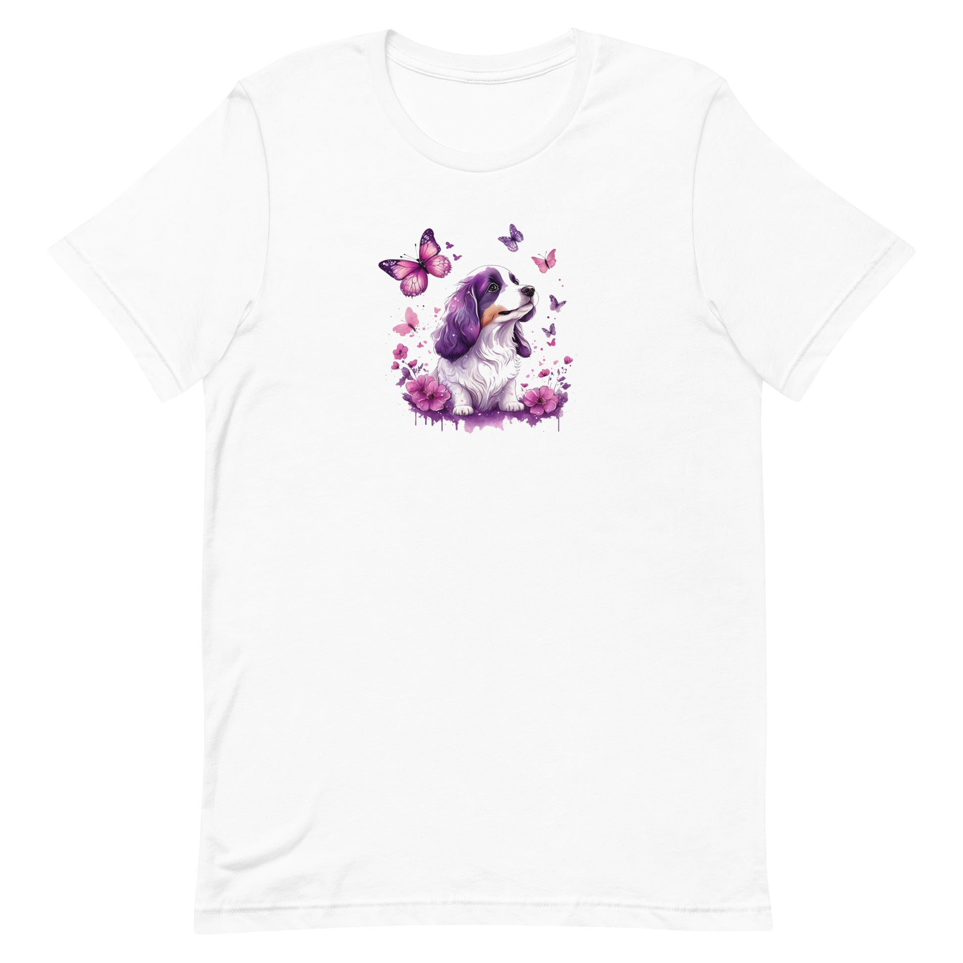 White crew neck short sleeved t-shirt, features a vivacious pup nestled amidst a blossoming floral wonderland in a quaint wicker basket.