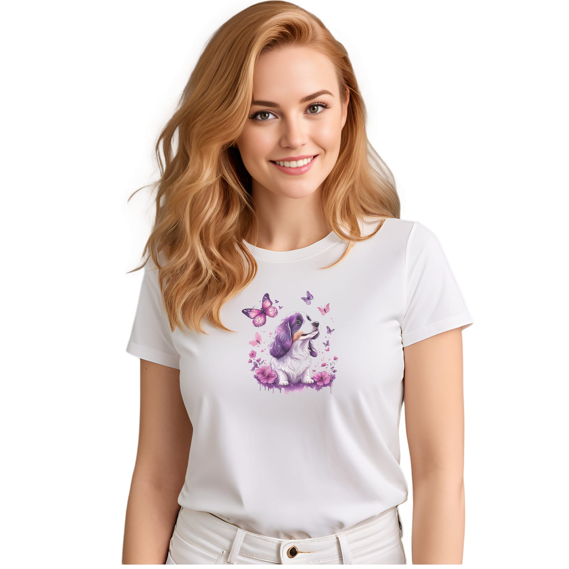 White crew neck short sleeved t-shirt, features a vivacious pup nestled amidst a blossoming floral wonderland in a quaint wicker basket. Female model shown in close-up to highlight print and fit.