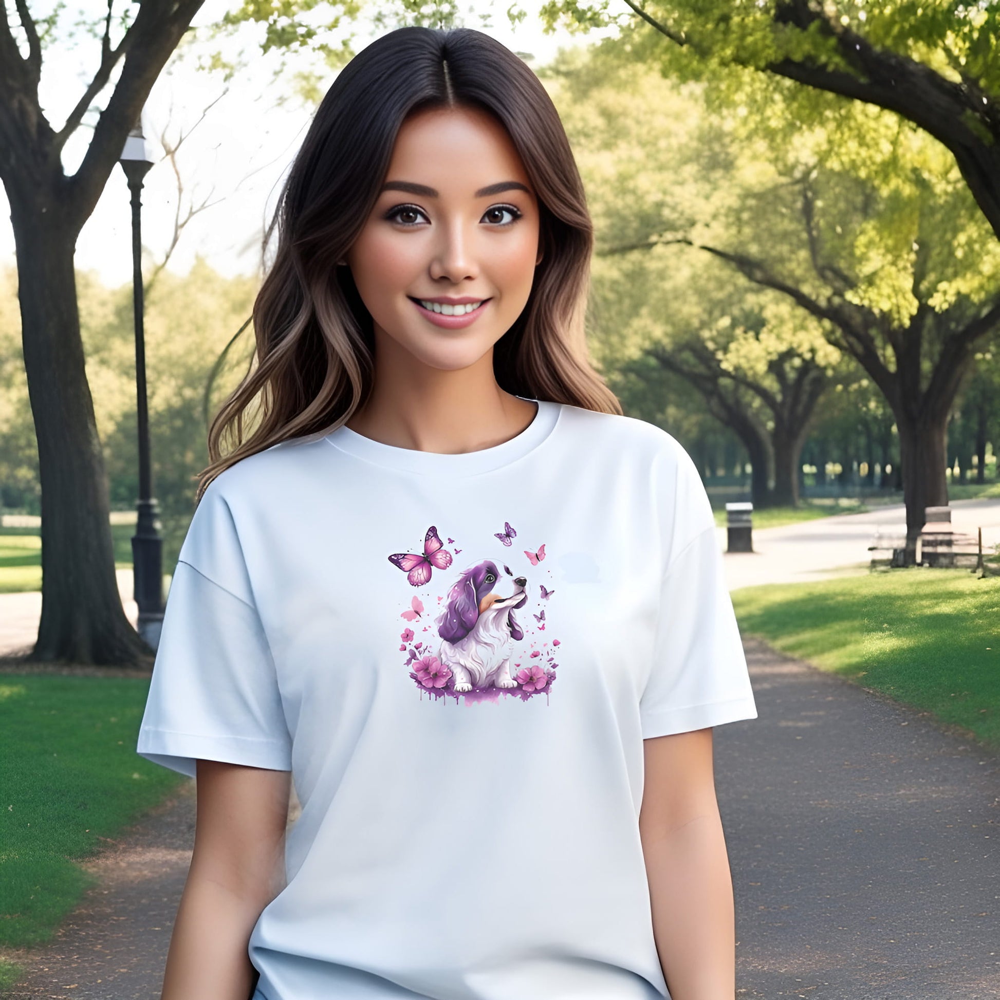 Women standing in a park, wearing a white crew neck short sleeved t-shirt, features a vivacious pup nestled amidst a blossoming floral wonderland in a quaint wicker basket.