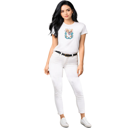 White crew neck short sleeved t-shirt, boasts an intricate and colorful cute Corgi puppy, nestle in floral garden.  Female model shown in close-up to highlight print and fit.