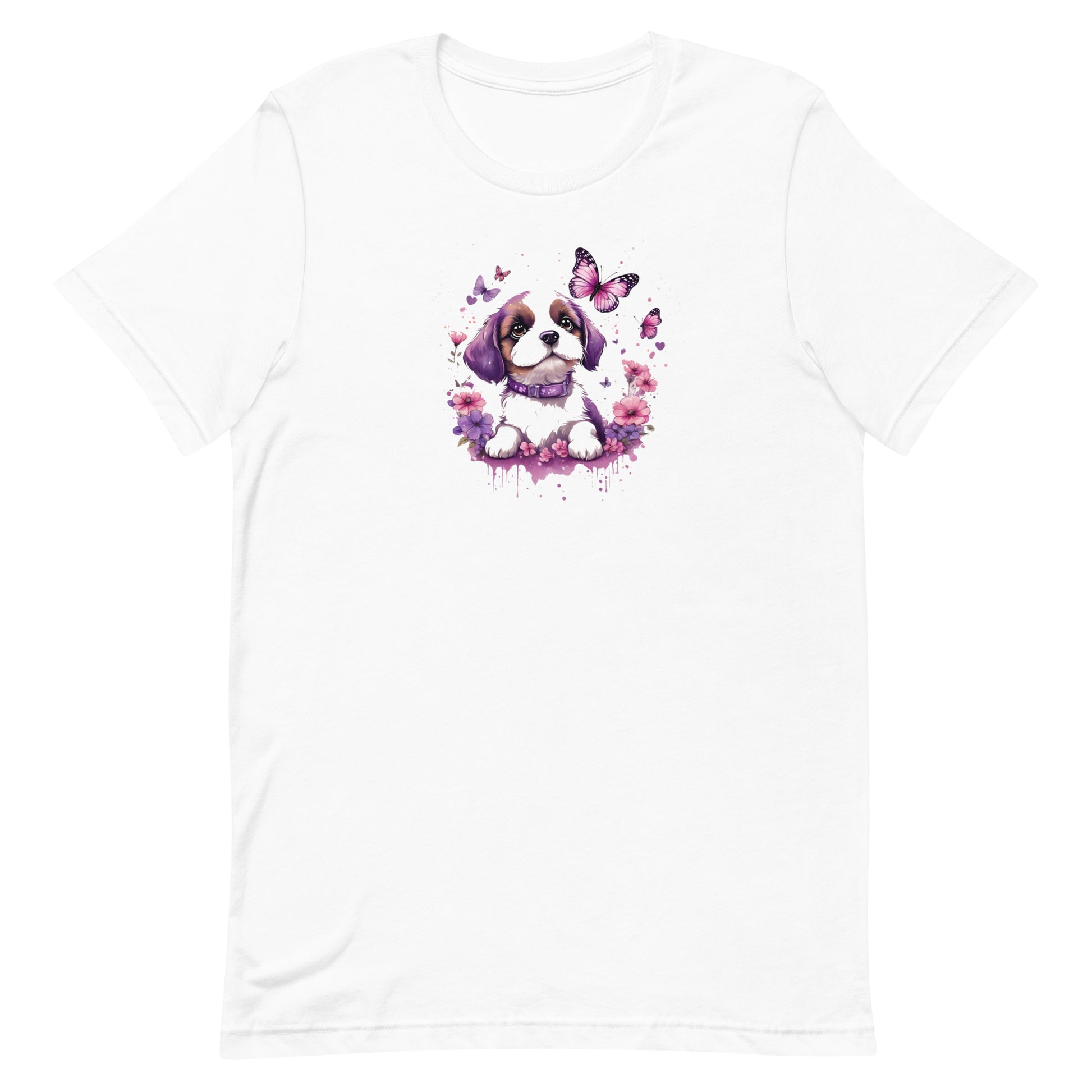 White crew neck short sleeved t-shirt, featuring an adorable puppy nestled amidst a wicker basket overflowing with vibrant blooms and fluttering butterflies.
