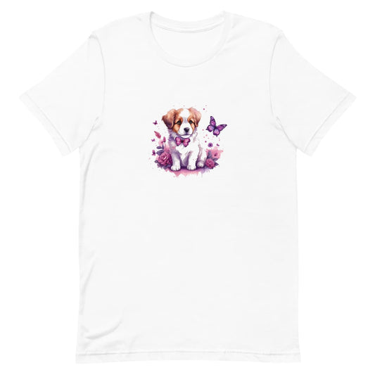 White crew neck short sleeved t-shirt, Feature an adorable puppy nestled within a vibrant floral tapestry.