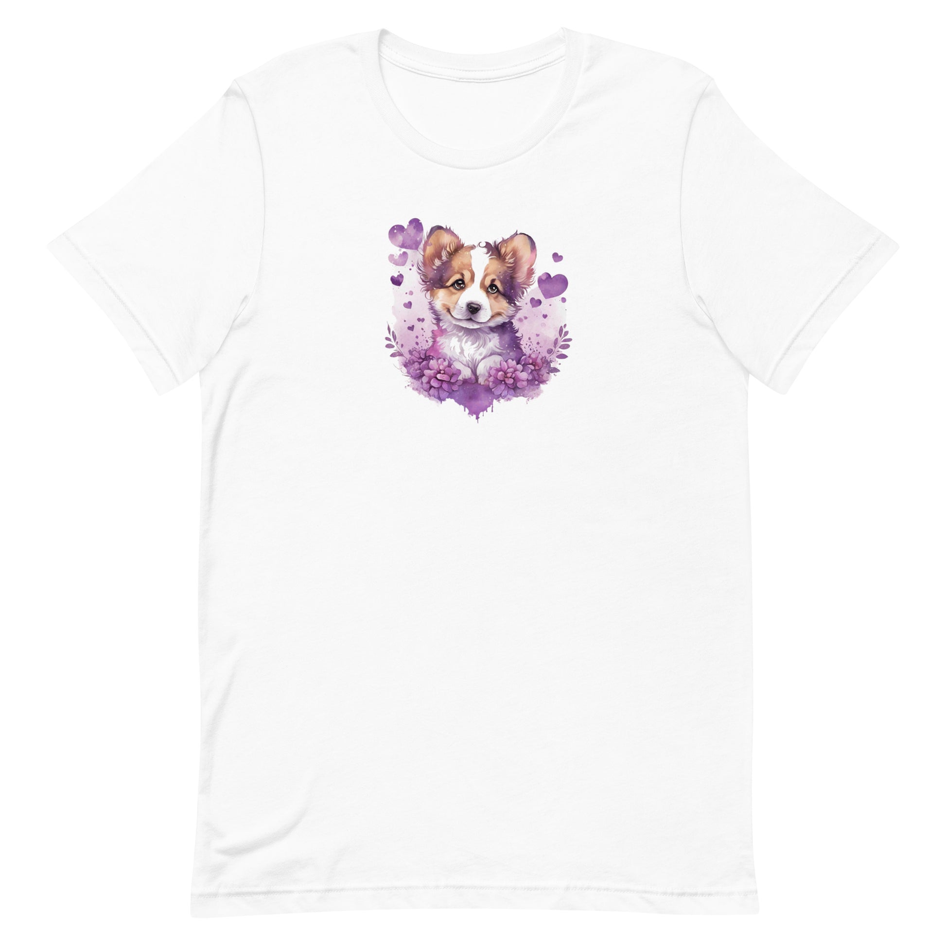 White crew neck short sleeved t-shirt, Features a cute puppy shepherd nestle in hearts and blooming garden. 