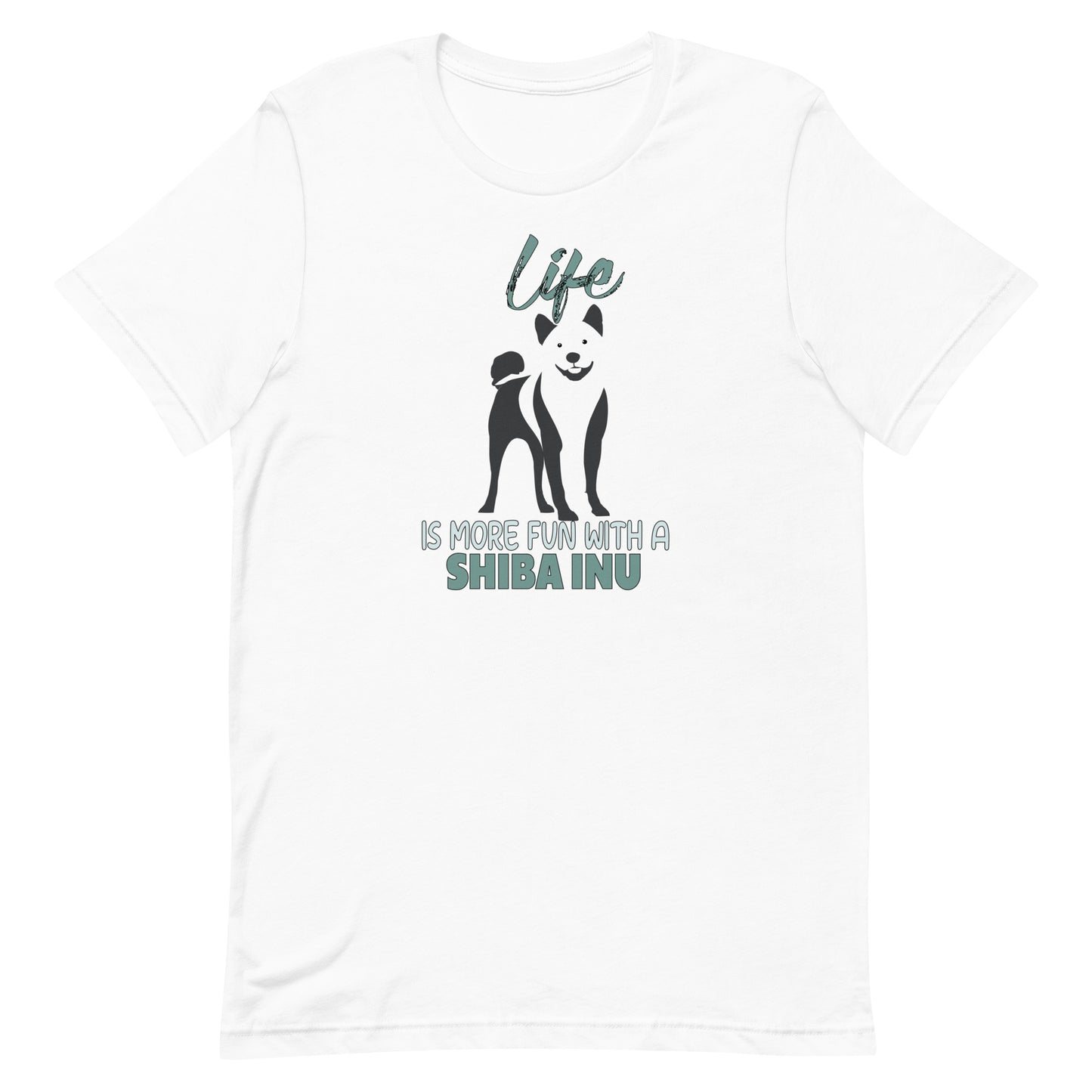 White unisex short sleeved cotton t-shirt showing Shiba Inu silhouette and “Life is more fun with a Shiba Inu” quote printed across the chest.