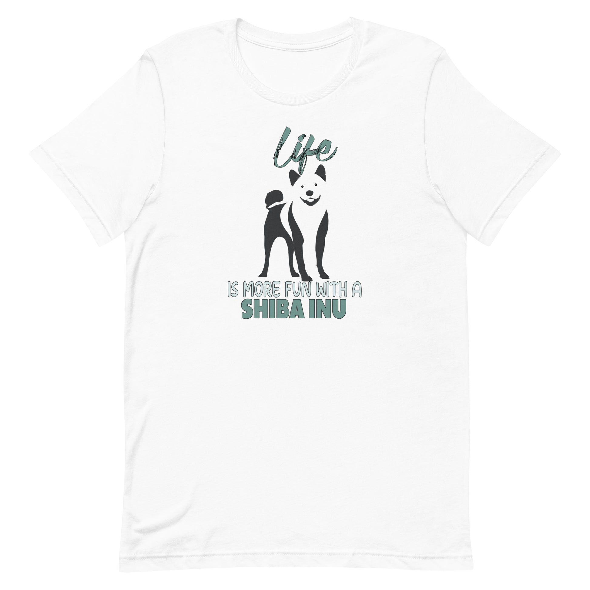 White unisex short sleeved cotton t-shirt showing Shiba Inu silhouette and “Life is more fun with a Shiba Inu” quote printed across the chest.