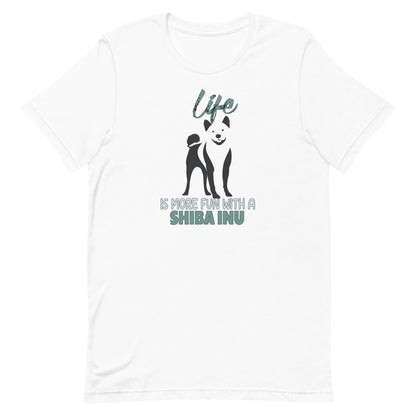 White unisex short sleeved cotton t-shirt showing Shiba Inu silhouette and “Life is more fun with a Shiba Inu” quote printed across the chest.