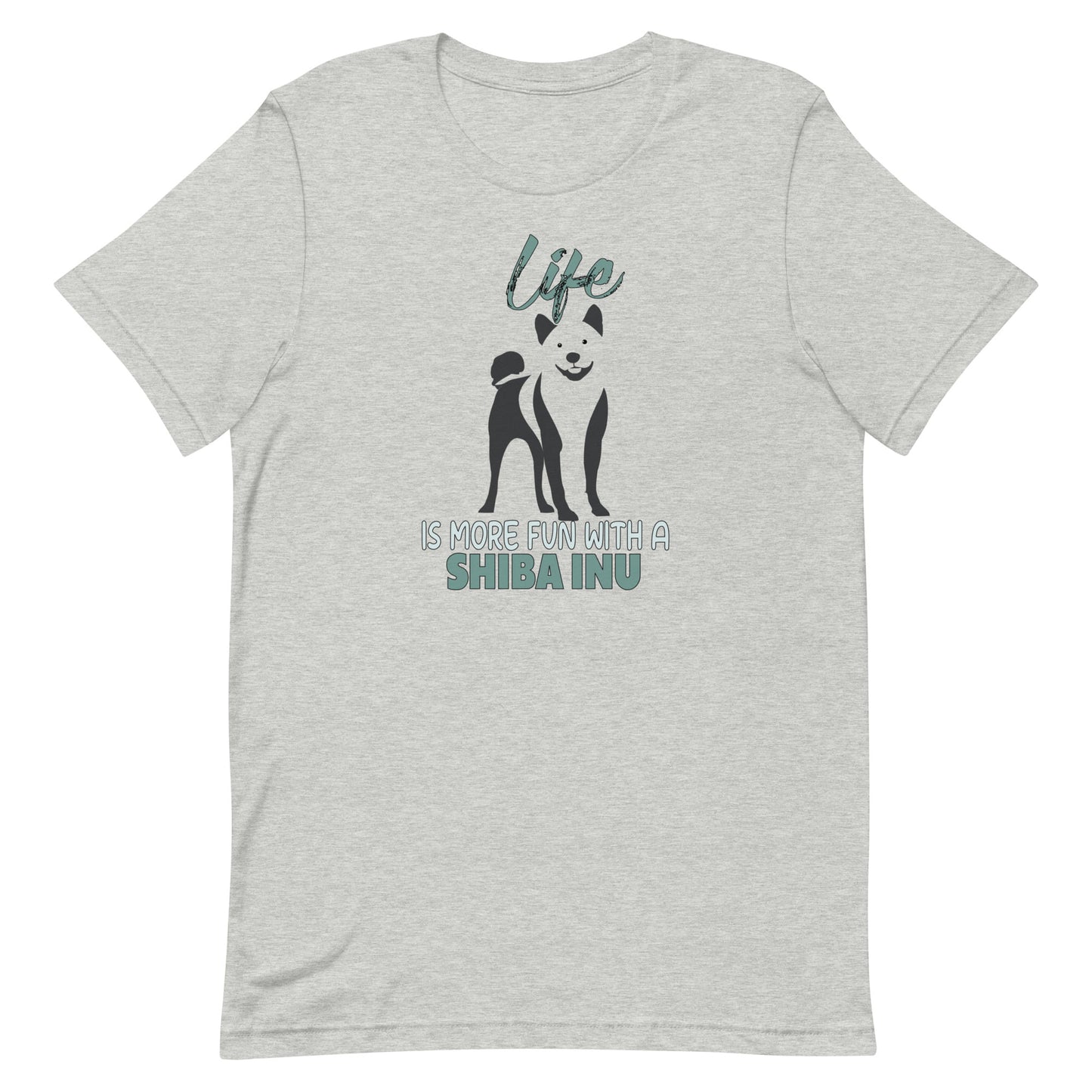Gray unisex short sleeved cotton t-shirt, showing Shiba Inu silhouette and “Life is more fun with a Shiba Inu” quote printed across the chest.
