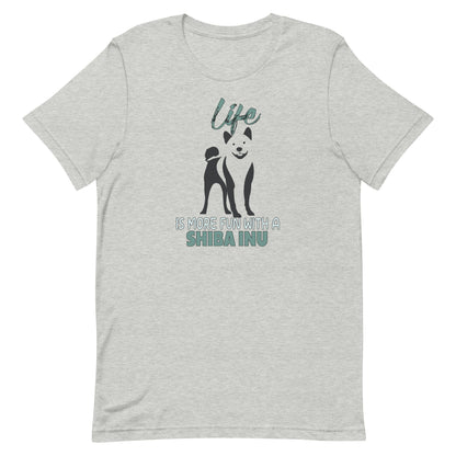 Gray unisex short sleeved cotton t-shirt, showing Shiba Inu silhouette and “Life is more fun with a Shiba Inu” quote printed across the chest.
