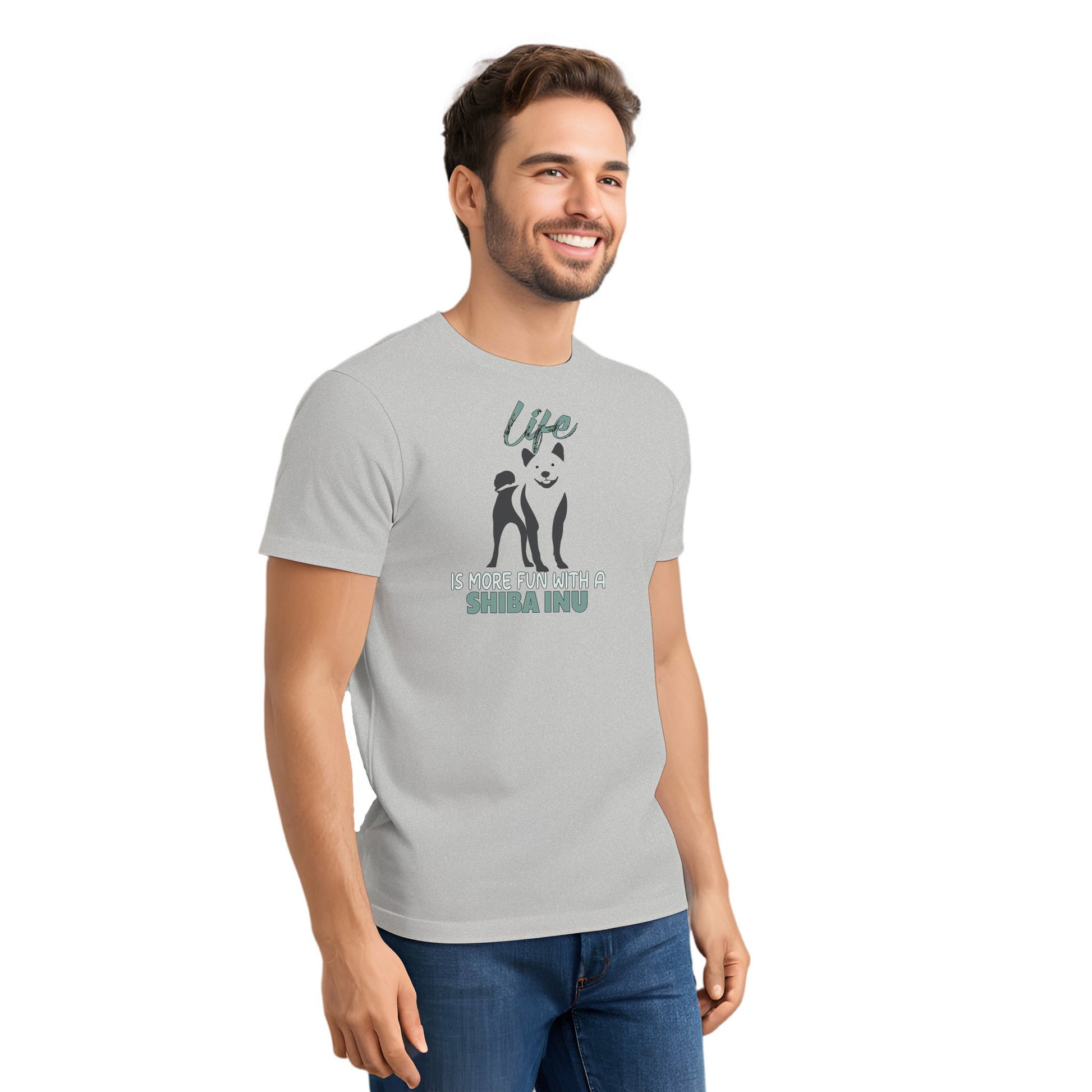 Gray unisex short sleeved cotton t-shirt worn by male model, showing Shiba Inu silhouette and “Life is more fun with a Shiba Inu” quote printed across the chest.