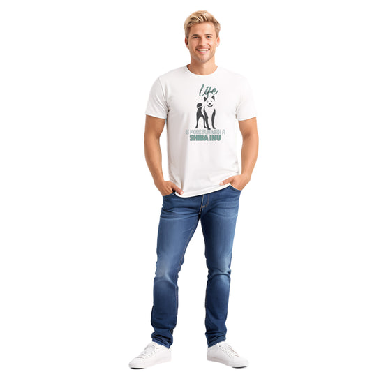 White unisex short sleeved cotton t-shirt worn by male model, showing Shiba Inu silhouette and “Life is more fun with a Shiba Inu” quote printed across the chest.
