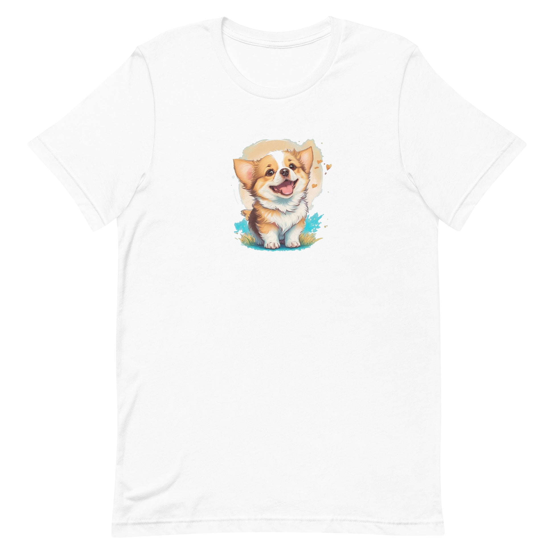 White crew neck short sleeved t-shirt, an adorable, happy Welsh Corgi puppy at the heart of a whimsical world of flowers and hearts.