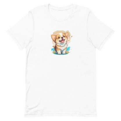 White crew neck short sleeved t-shirt, an adorable, happy Welsh Corgi puppy at the heart of a whimsical world of flowers and hearts.