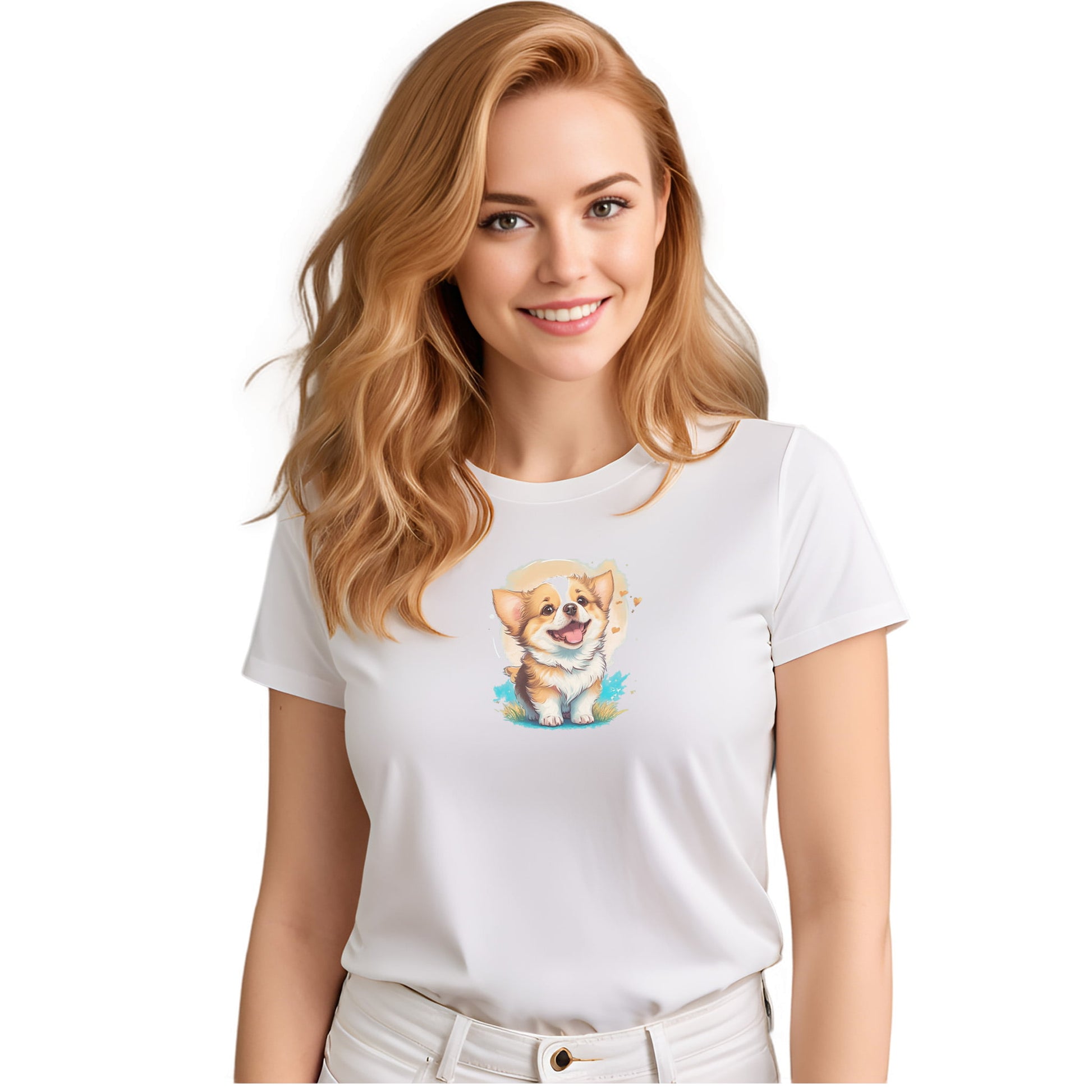White crew neck short sleeved t-shirt, an adorable, happy Welsh Corgi puppy at the heart of a whimsical world of flowers and hearts. Female model shown in close-up to highlight print and fit.
