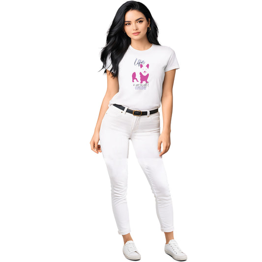 White crew neck short sleeved t-shirt. Featuring an adorable pink Corgi silhouette and the quote saying "Life is more fun with a Corgi". Female model shown in close-up to highlight print and fit