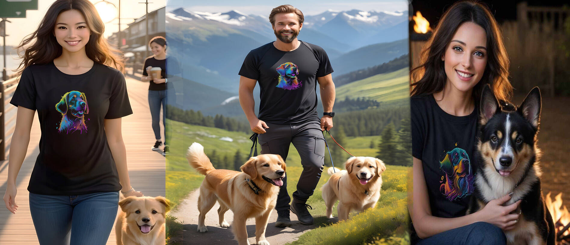 T-shirt black unisex crew neck short sleeve, printed with graphic dog face in bold and neon colors, different breeds as golden retriever, labrador, suitable for all sexes