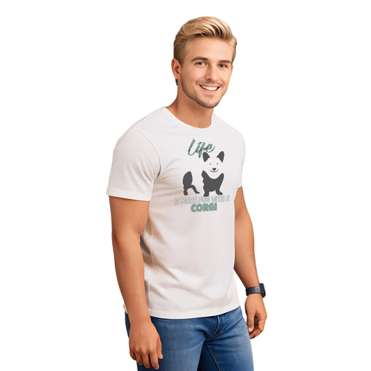 White crew neck short sleeved t-shirt, feature a graphic black/white hand-drawn standing Corgi.