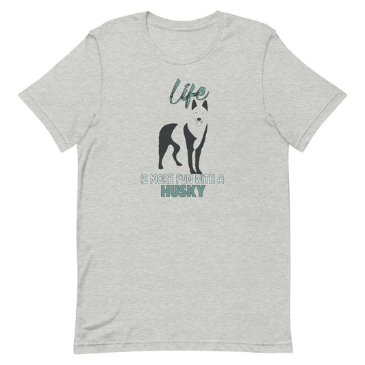 100% soft cotton, this short-sleeved unisex t-shirt features a bold Husky silhouette and the playful quote Life is more fun with a Husky right across the chest.
