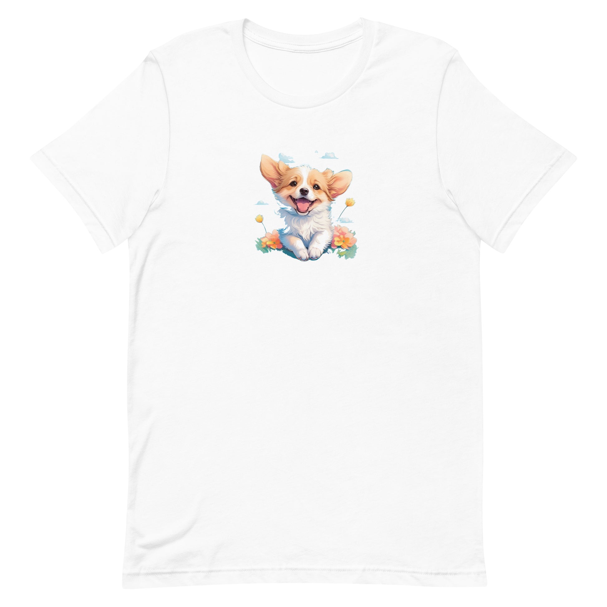 
White crew neck short sleeved t-shirt, feature a graphic vibrant colorful hand-drawn happy Corgi puppy nestled amidst of flowers 