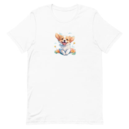 
White crew neck short sleeved t-shirt, feature a graphic vibrant colorful hand-drawn happy Corgi puppy nestled amidst of flowers 