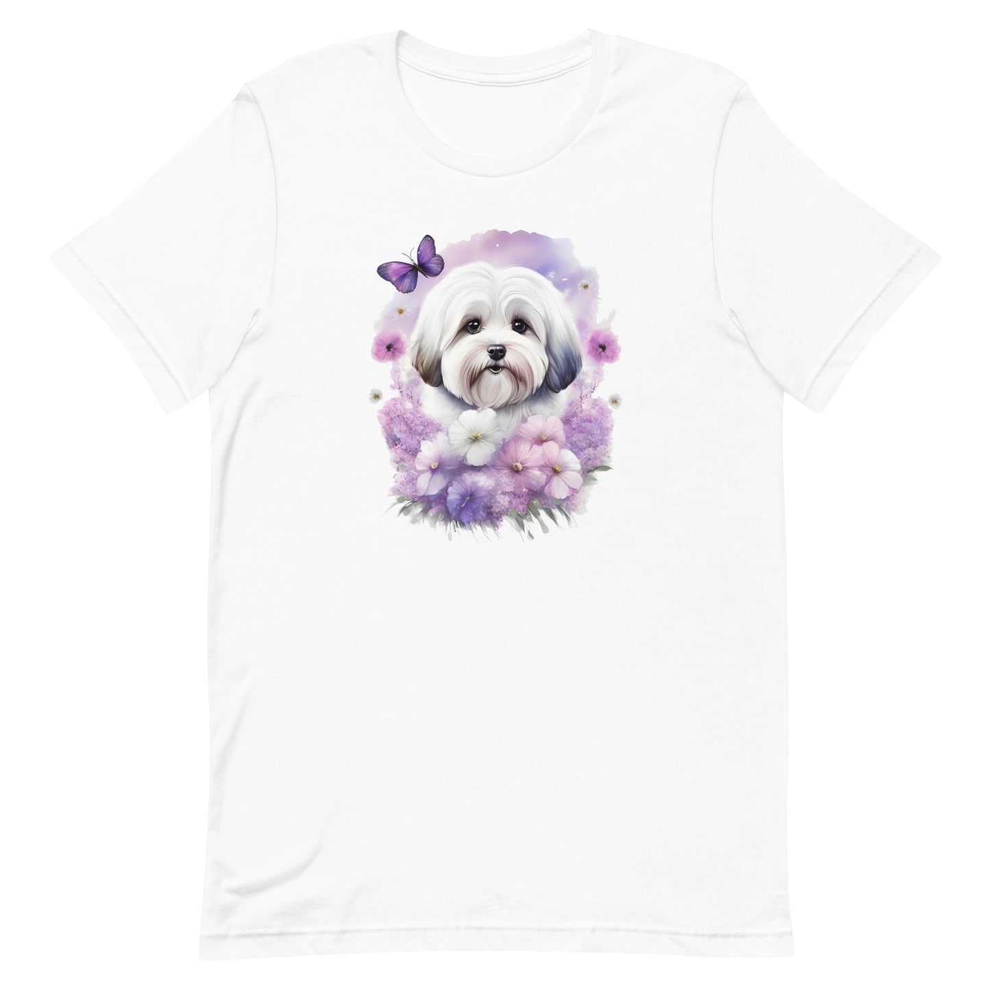 White cotton crew neck unisex short sleeve tshirt, on the apparel is a detailed kawaii illustration print of a lively cute adorable coton de tulear surrounded by floral arrangement in a wicker basket. The design brings a touch of color, warmth, and charm in pastel color palette to the shirt print.