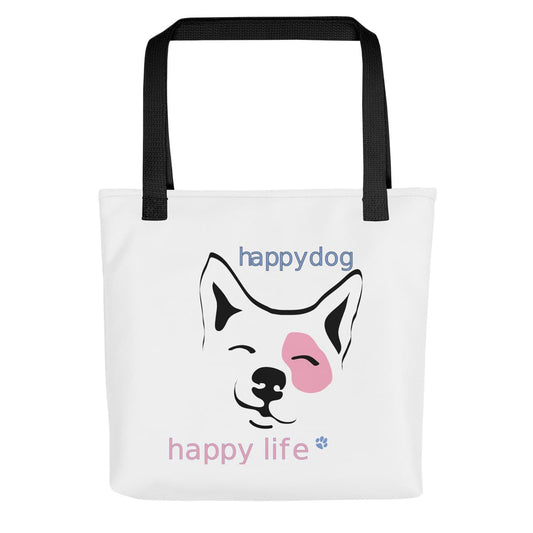Uni-size 15"x15" white tote polyester canvas bag, with black stripped handle, features a cute Corgi face graphic print, complete with squinty eyes and a happy grin, with a uplifting message "happy dog, happy life" printed on the front.