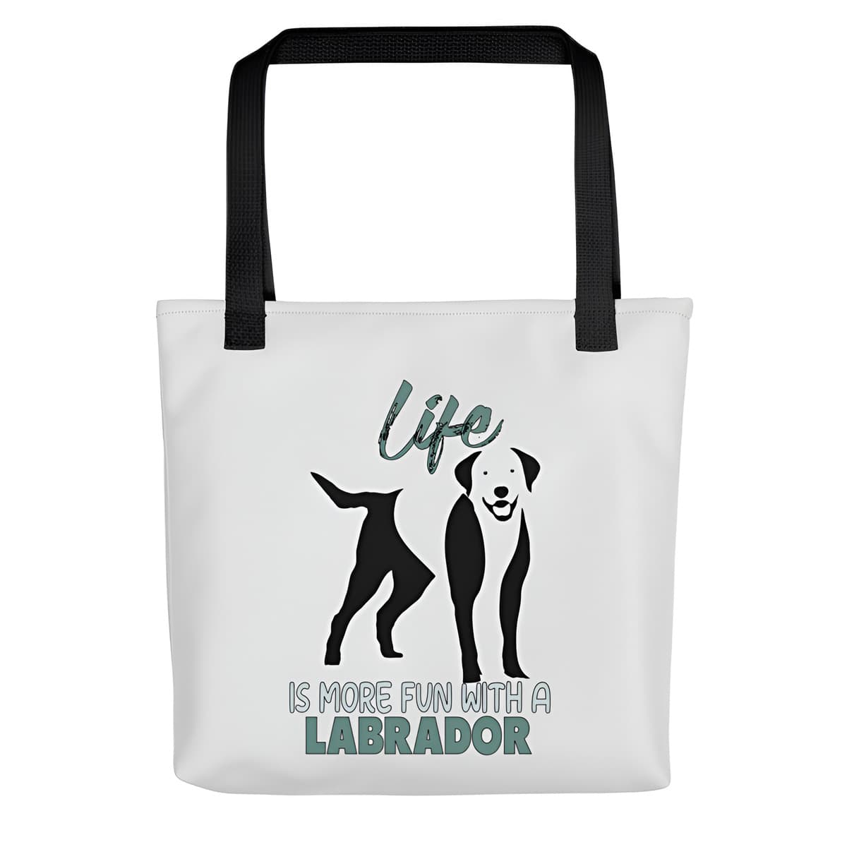 Uni-size 15"x15" white tote polyester canvas bag, with black stripped handle, feature a black one-line Labrador print with life quote ”life is more fun with a Labrador”. Printed front and back.