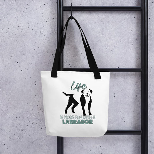 Hanging on a hook, Uni-size 15"x15" white tote polyester canvas bag, with black stripped handle, feature a black one-line Labrador print with life quote ”life is more fun with a Labrador”. Printed front and back.