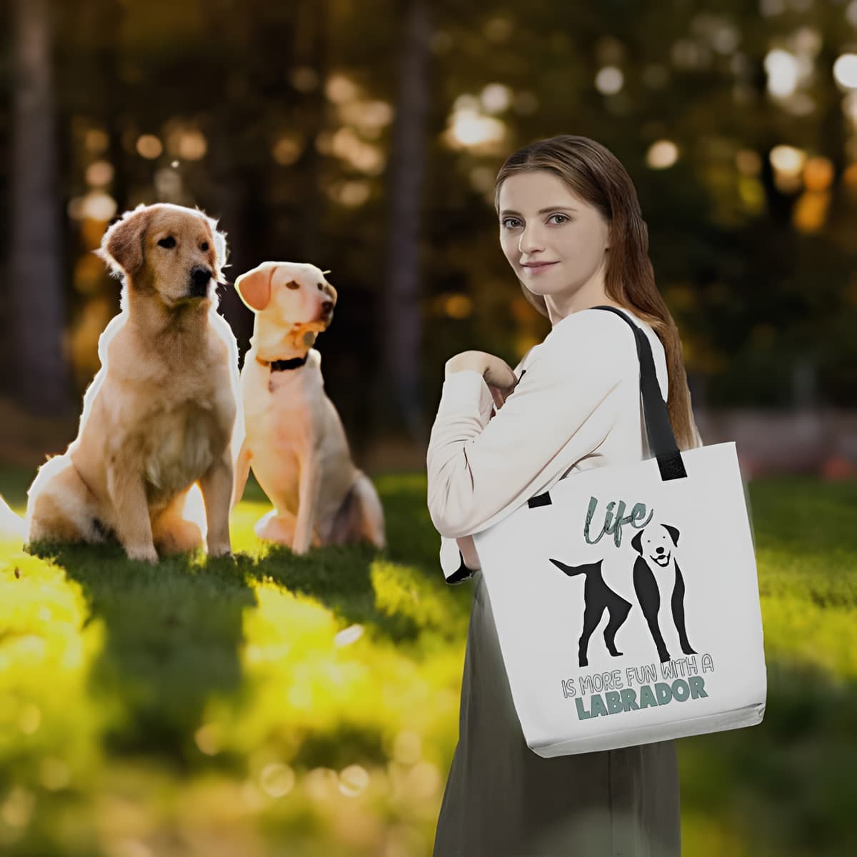 Young women standing in a park, carry on her shoulder a white tote polyester canvas bag, with black stripped handle, feature a black one-line Labrador print with life quote ”life is more fun with a Labrador”. Printed front and back.
