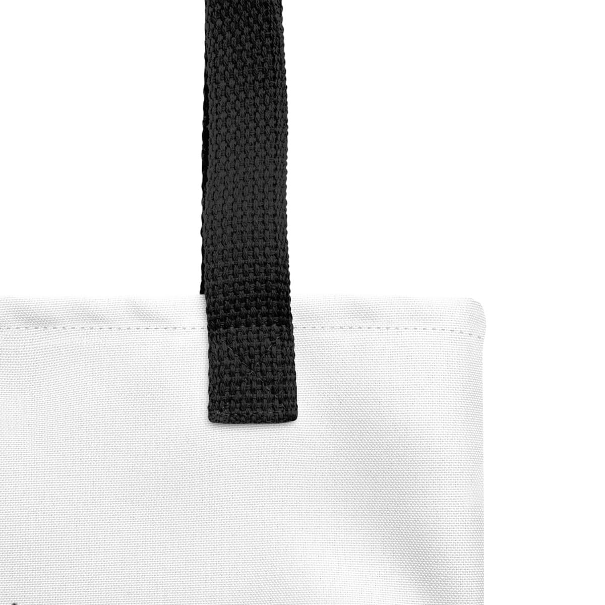 Close up of seams and stitch of a Uni-size 15"x15" white tote polyester canvas bag, with black stripped handle, feature a black one-line German Shepherd puppy print with life quote ”life is more fun with a Shepherd”. Printed front and back.