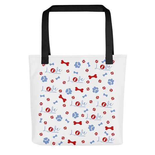 Uni-size 15"x15" white tote polyester canvas bag, with black stripped handle, feature a striking black handle striping and an eye-catching graphic of playful dog bones, paws, and the word "love," with a sitting dog as the logo. Feature the front, showing fit and size.