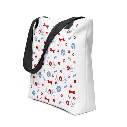 Uni-size 15"x15" white tote polyester canvas bag, with black stripped handle, feature a striking black handle striping and an eye-catching graphic of playful dog bones, paws, and the word "love," with a sitting dog as the logo. 