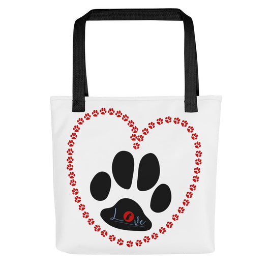 Front side of a Uni-size 15"x15" white tote polyester canvas bag, with black stripped handle, feature a black one-line large paw print, underlay by bold LOVE with a cute silhouette dog in the ”o” in red color.