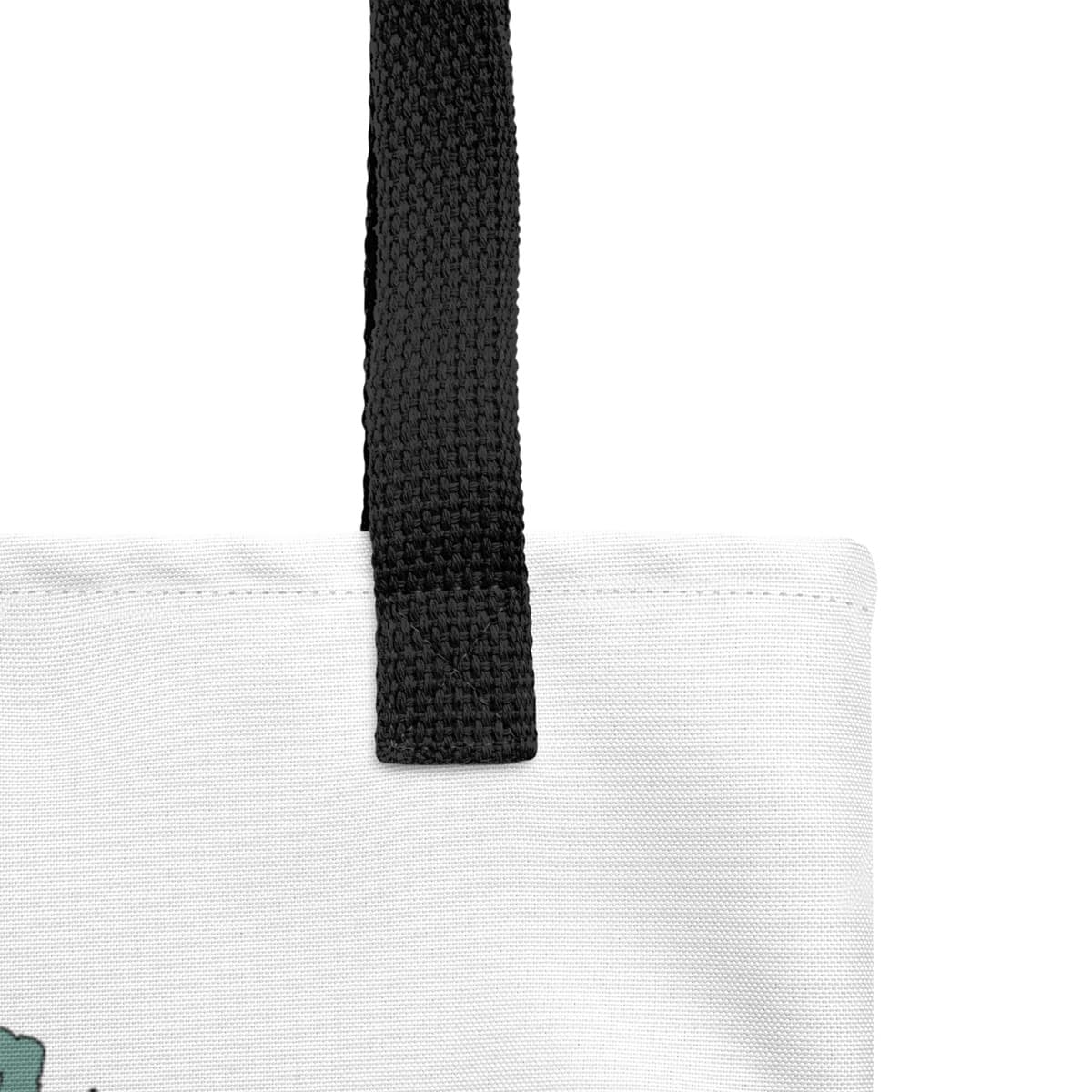 Close up of seams and stitch of a Uni-size 15"x15" white tote polyester canvas bag, with black stripped handle, feature a black one-line Shiba Inu print with life quote ”life is more fun with a Shiba Inu”. Printed front and back.