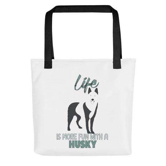 Uni-size 15"x15" white tote polyester canvas bag, with black stripped handle, feature a black one-line Siberian Husky print with life quote ”life is more fun with a husky”. Printed front and back.