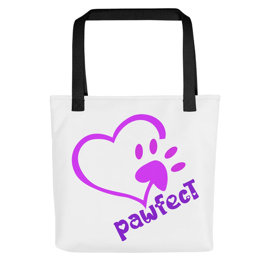 Front side of a White spun canvas fabric tote bag, with black handle stripped, on the tote is  cute graphic pink shaped heart with a paw on the side, underneath the heart is the tilted text "pawfect"  in color purple