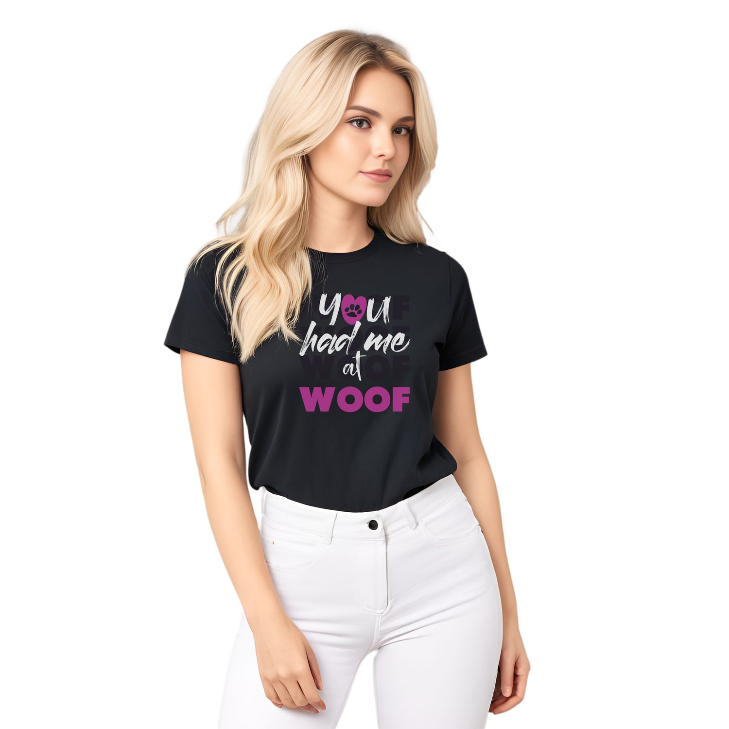 Black crew neck short sleeved t-shirt, feature a graphic classic quote ”you had me at woof”  a cross chest. woman standing