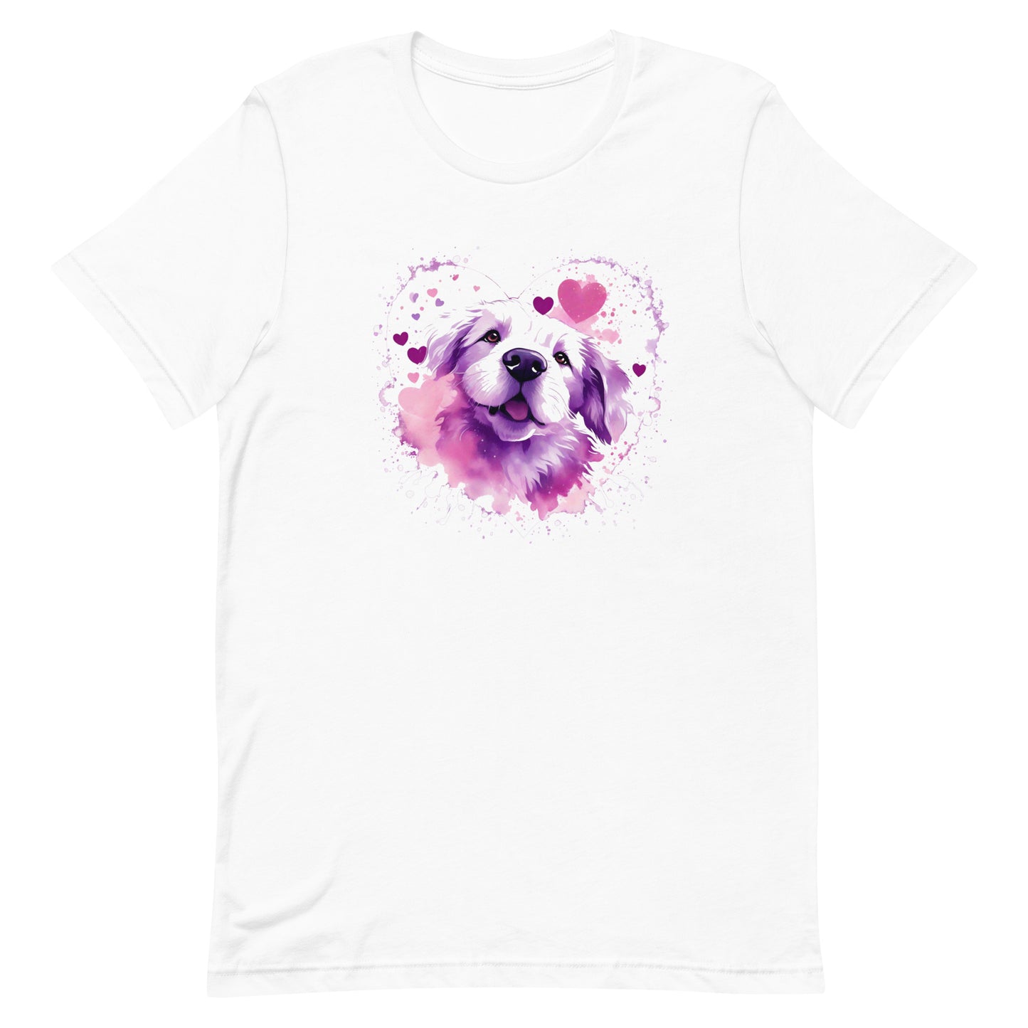 A detailed illustration a print of Lively cute puppy and dog paws,white background, fantasy heart splash, rounded circle, vintage short sleeve crew neck t-shirt design, dark read and Dark Purples and pink colors,on a white background, in the style of Studio Ghibli, cute and quirky, fantasy art, watercolor effect, hand-drawn, digital painting 