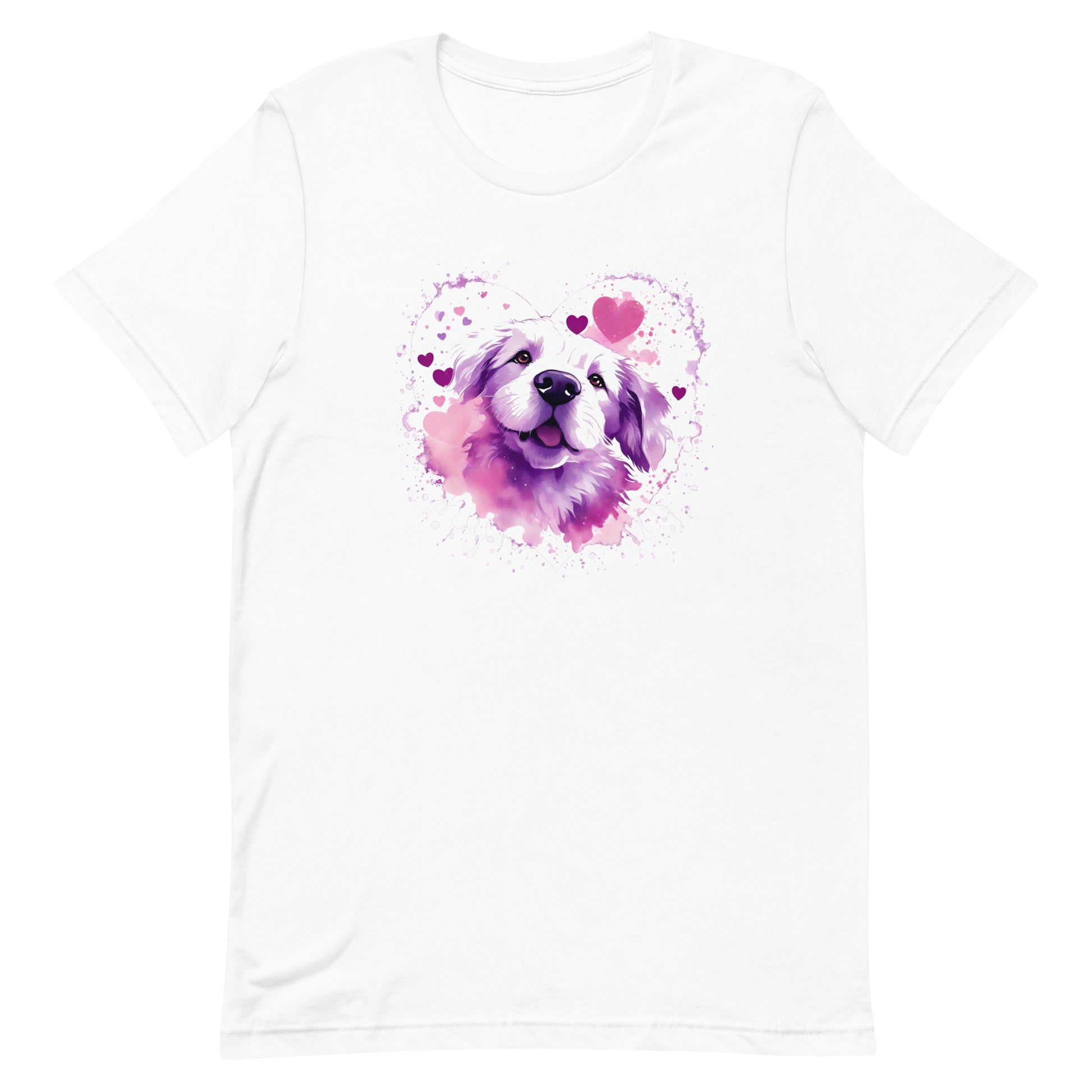 A detailed illustration a print of Lively cute puppy and dog paws,white background, fantasy heart splash, rounded circle, vintage short sleeve crew neck t-shirt design, dark read and Dark Purples and pink colors,on a white background, in the style of Studio Ghibli, cute and quirky, fantasy art, watercolor effect, hand-drawn, digital painting 