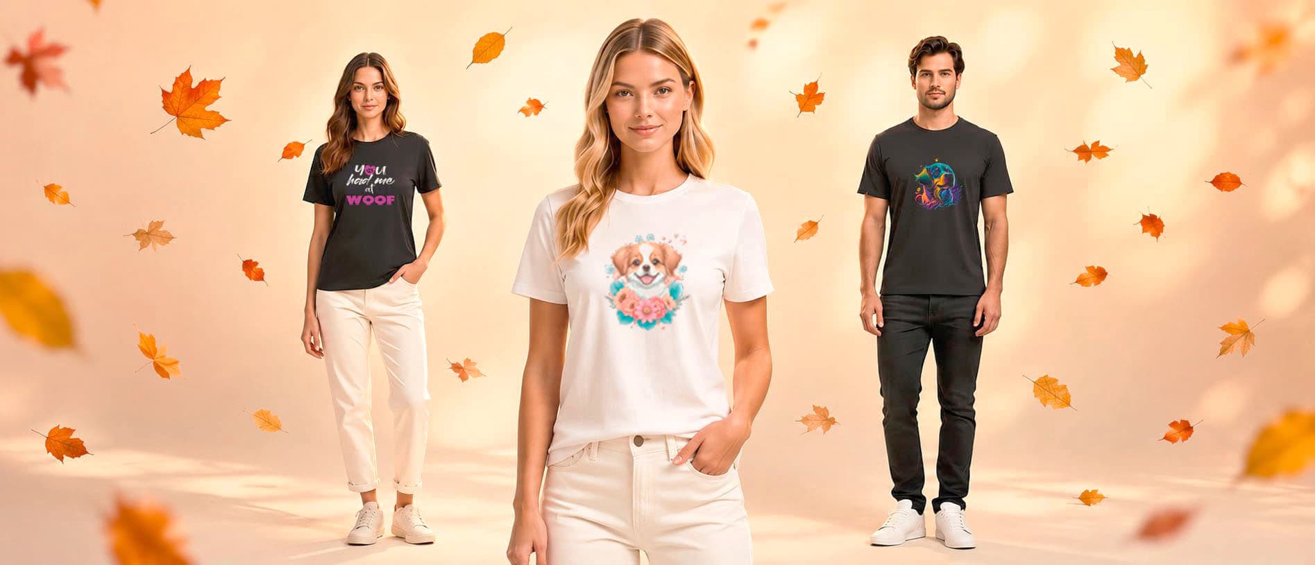 Warm autumn studio fashion banner facing front model in white T-shirt, featuring dog themed graphic design with a cute Shepherd puppy, nestle in flowers, at the left female wearing a black T-shirt with a white and pink graphic text ”you had me at woof” and at the right, a male model wearing black dog lover T-shirt, featuring a Labrador dog face, in bright neon colors all models are surrounded by floating fall leaves with soft golden lighting and a warm beige background 