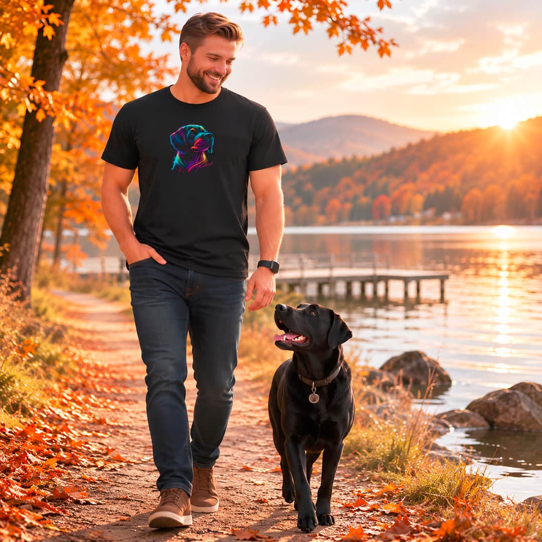 Smiling man wearing a black T-shirt with a colorful neon Labrador graphic, walking beside a happy black Labrador on a golden autumn lakeside path at sunset.