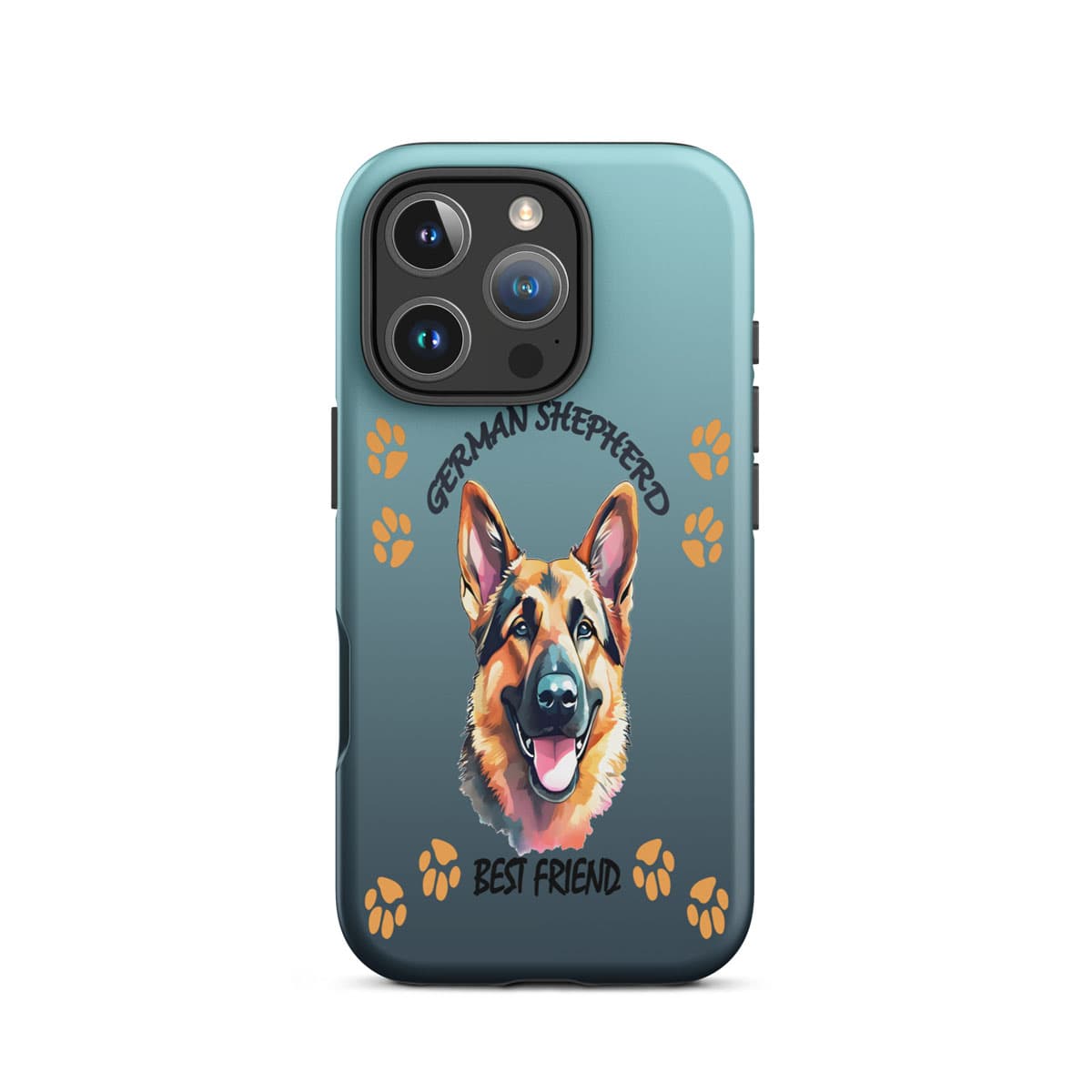 Phone case with a German Shepherd illustration and 'Best Friend' text on a blue background