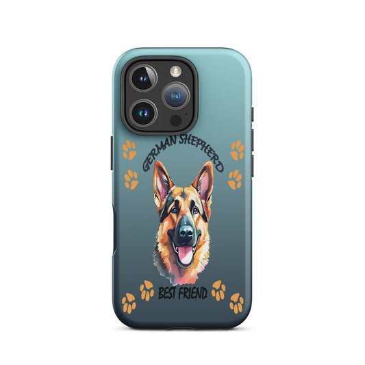 Phone case with a German Shepherd illustration and 'Best Friend' text on a blue background