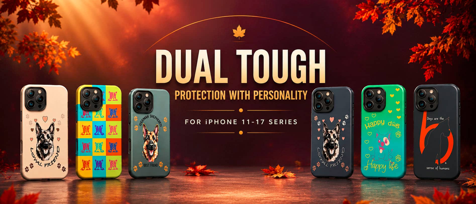 Six iPhone 11-17 series phone cases displayed side-by-side  featuring colorful dog designs, German Shepherd artwork on a dark wooden surface with autumn leaves and premium burgundy seasonal background and warm light rays. The center features a large text overlay reading 'DUAL TOUGH PROTECTION WITH PERSONALITY FOR IPHONE 11-17 SERIES