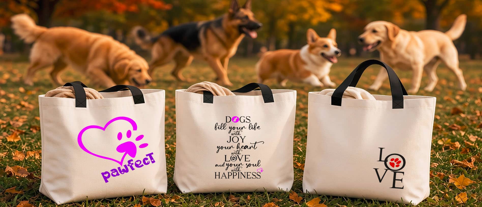 Three white canvas tote bags with black straps displayed in the foreground of an autumn park. Left tote bag features the design “pawfect with pink heart and a paw”. Center tote bag features the design “DOGS fill your life with JOY your heart with LOVE and your soul with HAPPINESS”. Right tote bag features a love illustration with red paws in-circled. Four playful dogs (golden retriever, German shepherd, corgi, and Labrador) interact in the softly blurred mid-ground amid colorful fall foliage.

