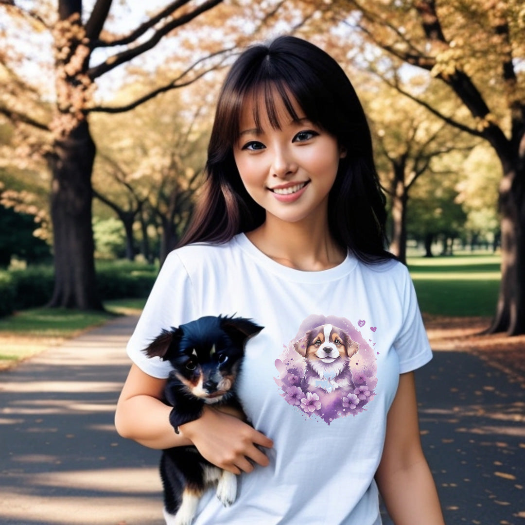 A detailed illustration a print of Lively cute puppy and dog paws,white background, fantasy heart splash, rounded circle, vintage short sleeve crew neck t-shirt design, dark read and Dark Purples and pink colors,on a white background, in the style of Studio Ghibli, cute and quirky, fantasy art, watercolor effect, hand-drawn, digital painting 