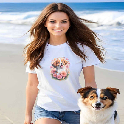 a cute spaniel dog with flowers around its neck on a white crew neck t-shirt, a detailed drawing, furry art, made of flowers, digital illustration, detailed painting