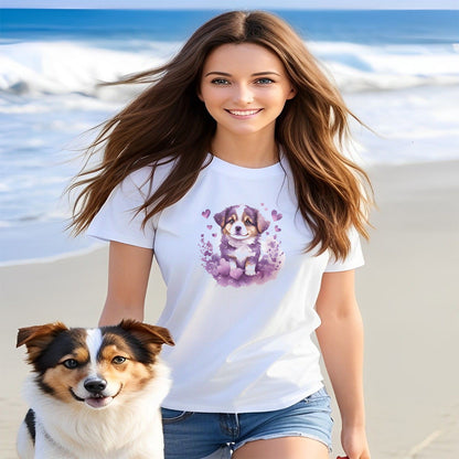 A detailed illustration a print of Lively cute puppy and dog paws,white background, fantasy heart splash, rounded circle, vintage short sleeve crew neck t-shirt design, dark read and Dark Purples and pink colors,on a white background, in the style of Studio Ghibli, cute and quirky, fantasy art, watercolor effect, hand-drawn, digital painting 