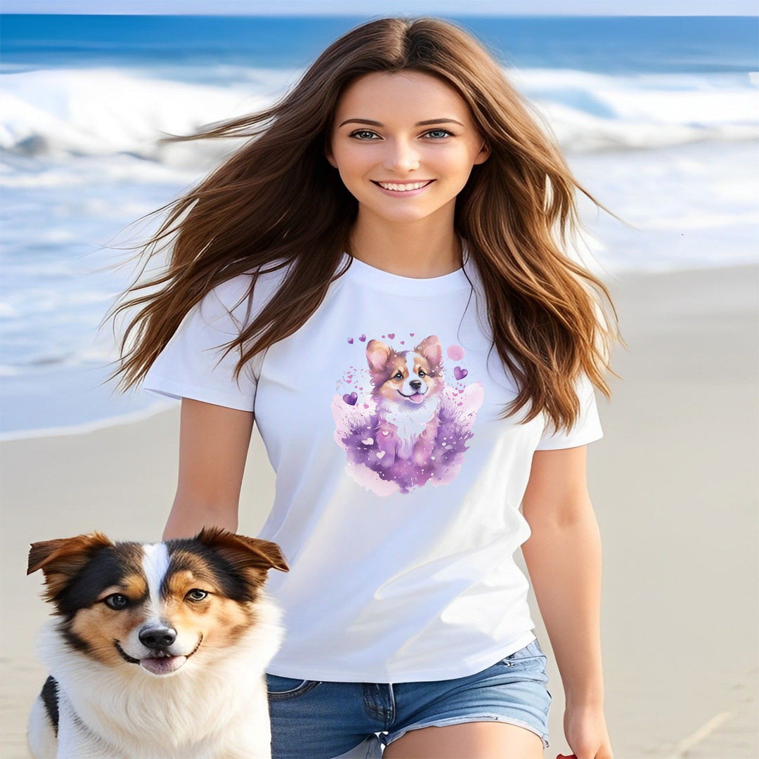 A detailed illustration a print of Lively cute puppy and dog paws,white background, fantasy heart splash, rounded circle, vintage short sleeve crew neck t-shirt design, dark read and Dark Purples and pink colors,on a white background, in the style of Studio Ghibli, cute and quirky, fantasy art, watercolor effect, hand-drawn, digital painting 